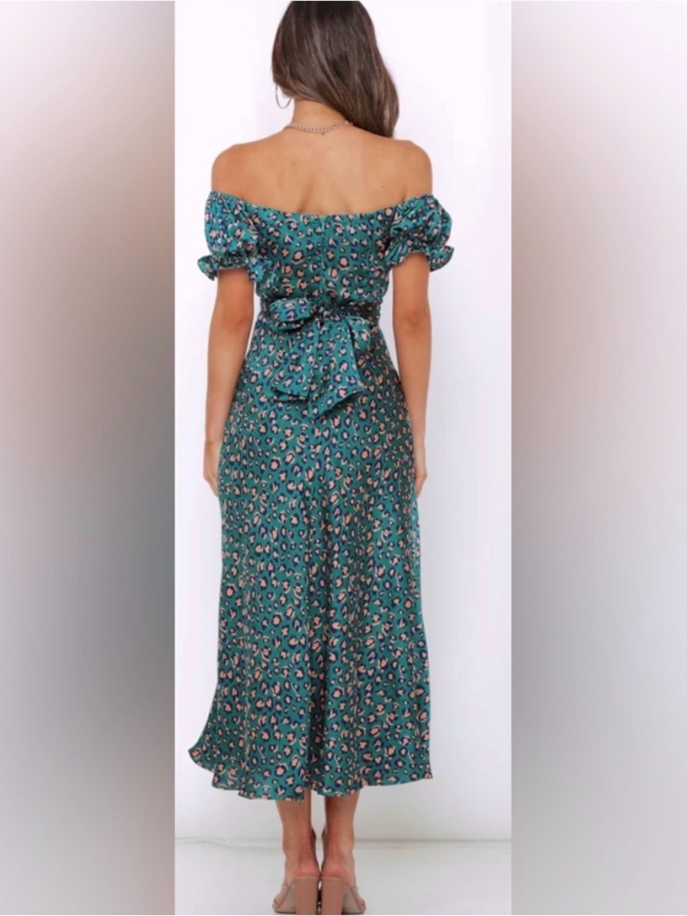 Hello Molly Off Shoulder Spiced Ginger Medley Maxi Dress in Green Leopard - Picture 3 of 16
